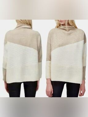 French Connection Cream and Beige Colorblock Funnel Neck Sweater